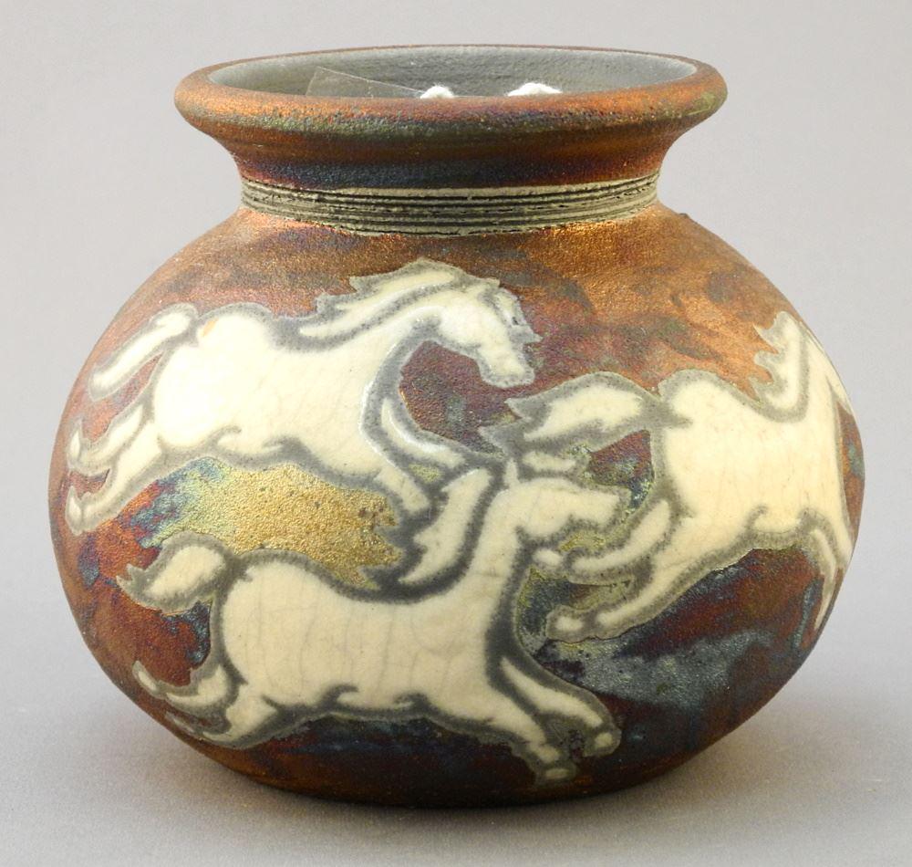 Raku Pottery Vase Signed J.(Jeremy) Diller, 4 1/4" High, "Horses". (1 of 3)