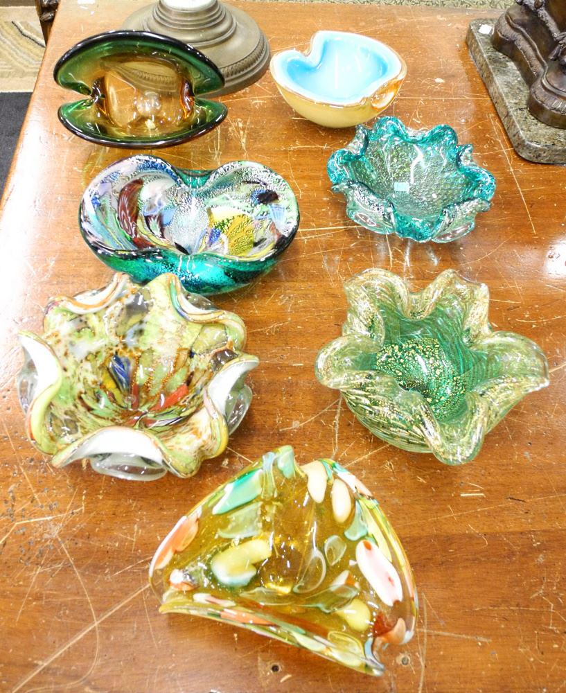 Collection of 7 Unsigned Glass Ashtrays, Largest 6" Diameter.: Collection of 7 Unsigned Glass Ashtrays, Largest 6" Diameter.