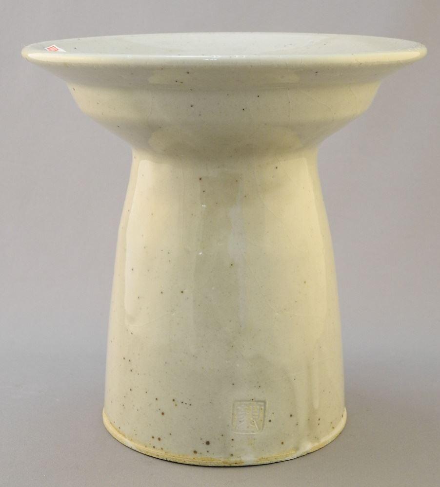 Pedestal Stoneware Dish with Impressed Mark of Wayne Ngan, 7 1/4" - 7 1/4" Diameter.: Pedestal Stoneware Dish with Impressed Mark of Wayne Ngan, 7 1/4" - 7 1/4" Diameter.