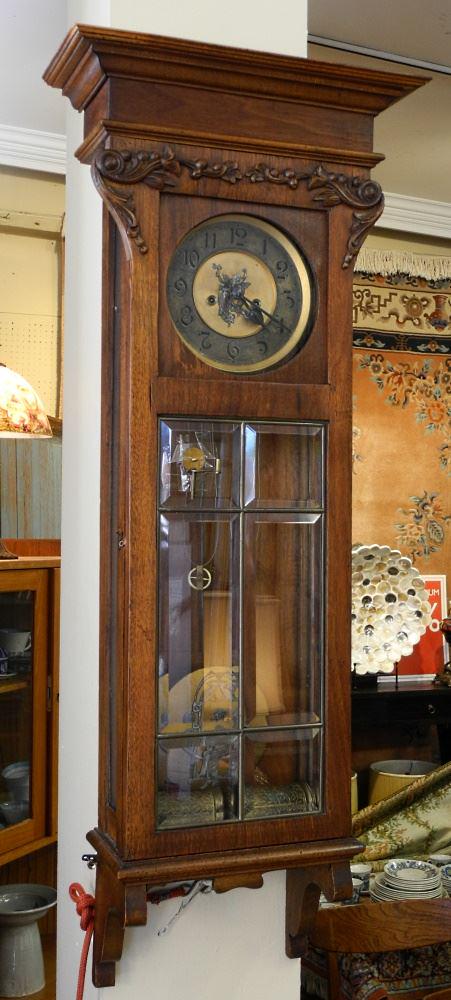Mahogany Wall Clock with Jugendstil Figural Features, 41" High.: Mahogany Wall Clock with Jugendstil Figural Features, 41" High.
