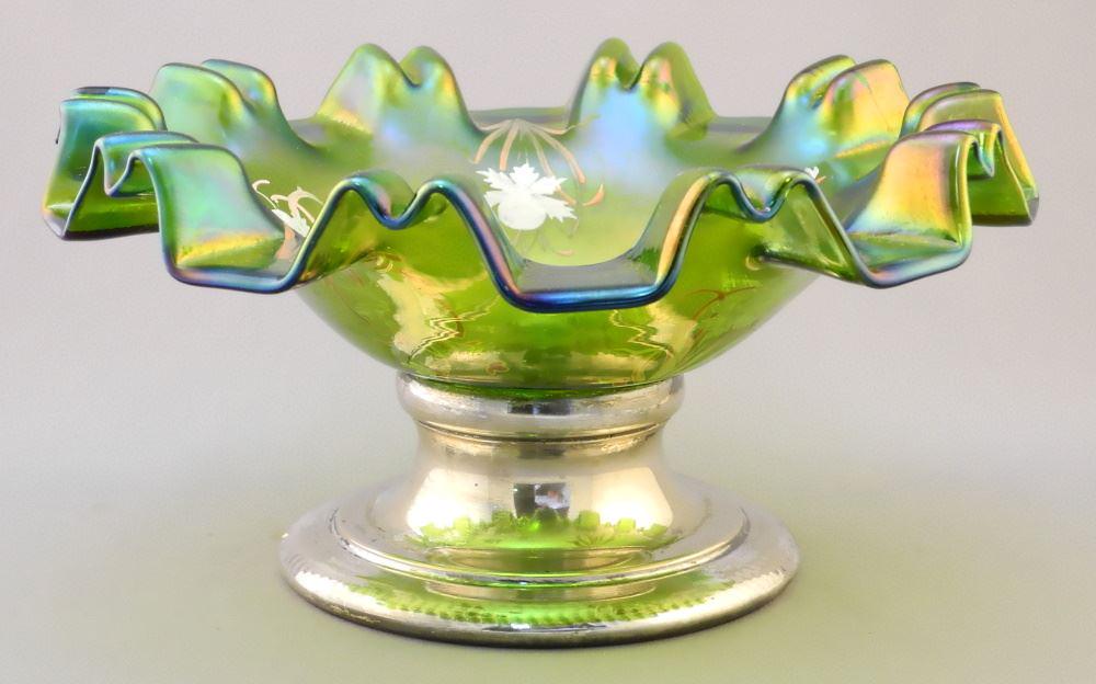 Loetz-Style Ruffled Rim Bowl with Enameling & Plated Base, 5" x 10 1/4"D.: Loetz-Style Ruffled Rim Bowl with Enameling & Plated Base, 5" x 10 1/4"D.