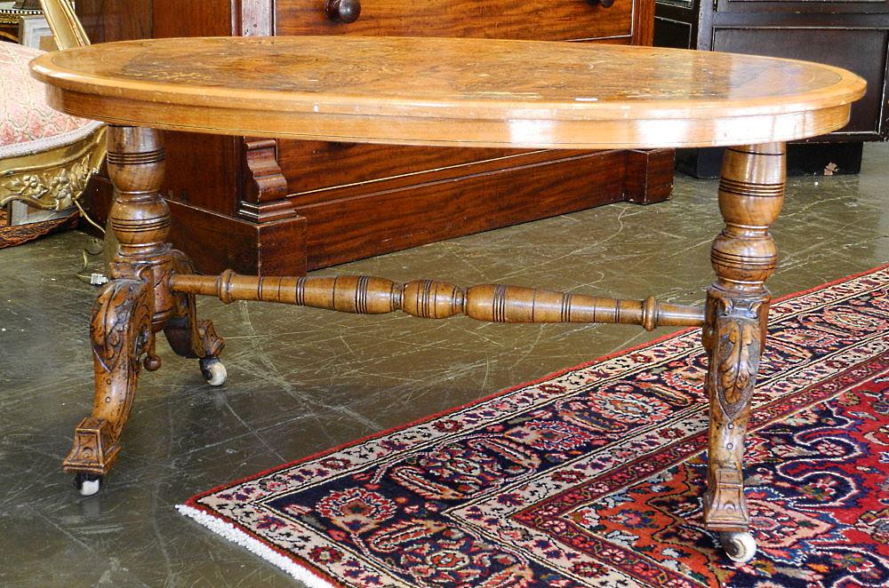 Victorian Walnut Marquetry Oval Low Table. (1 of 4)
