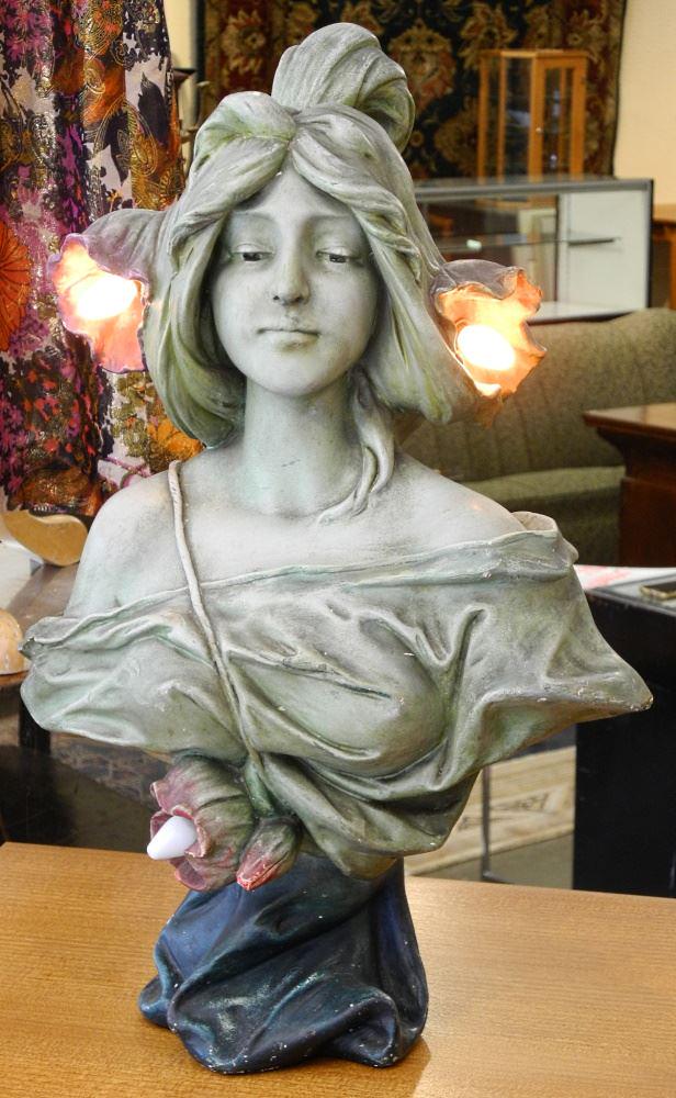 Painted Plaster Art Nouveau Lamp in the Form of a Young Woman, 22". (1 of 4)