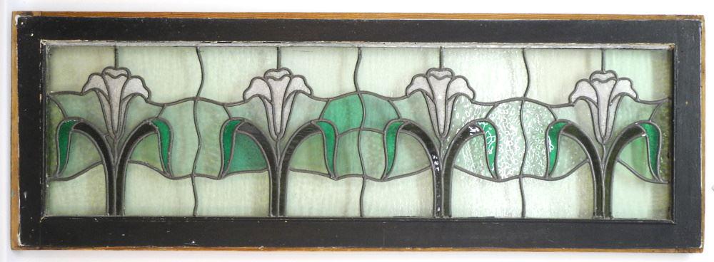 Leaded Glass Panel signed A.F. Roy Maker Victoria 1920, glass 41 1/2"W/ frame 46"W.: Leaded Glass Panel signed A.F. Roy Maker Victoria 1920, glass 41 1/2"W/ frame 46"W.