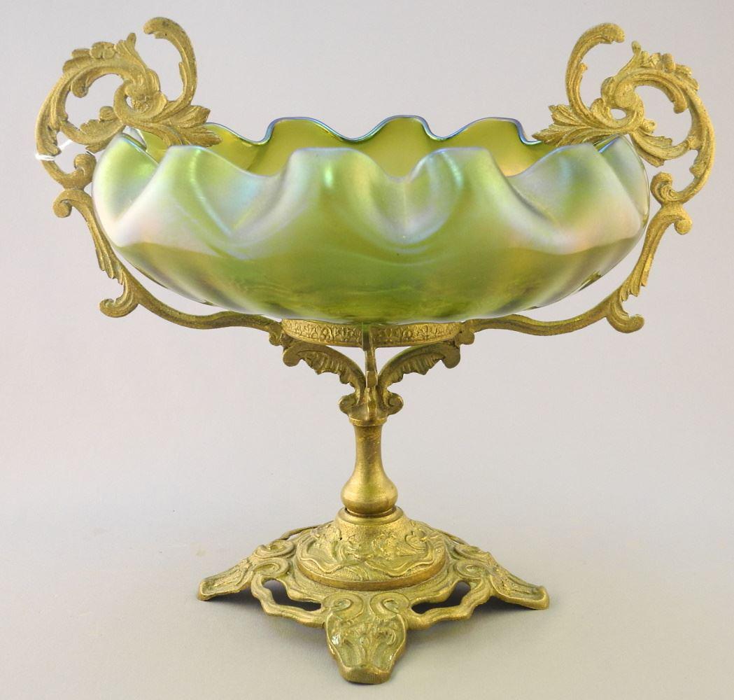 Loetz-Style Iridescent Ruffled Bowl on Cast Brass Stand.: Loetz-Style Iridescent Ruffled Bowl on Cast Brass Stand.