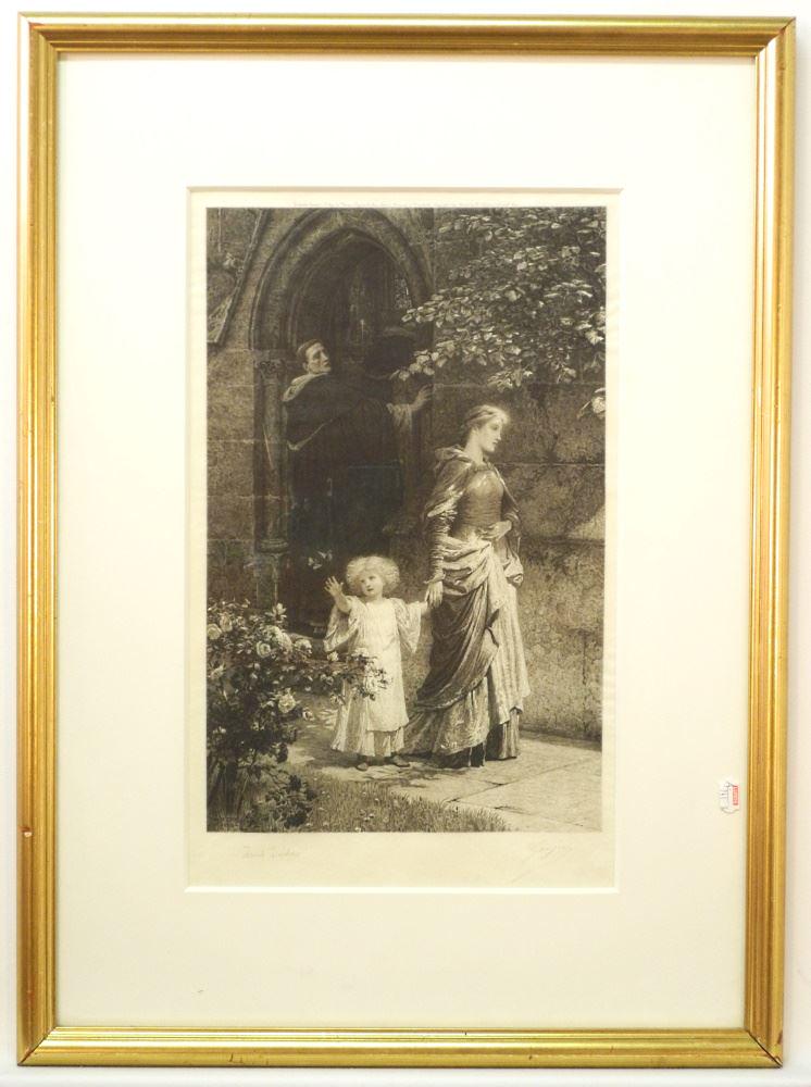 Engraving signed F. Dicksee, 17 3/8" x 10 3/4", "Within the Shadow of the Church". (1 of 4)