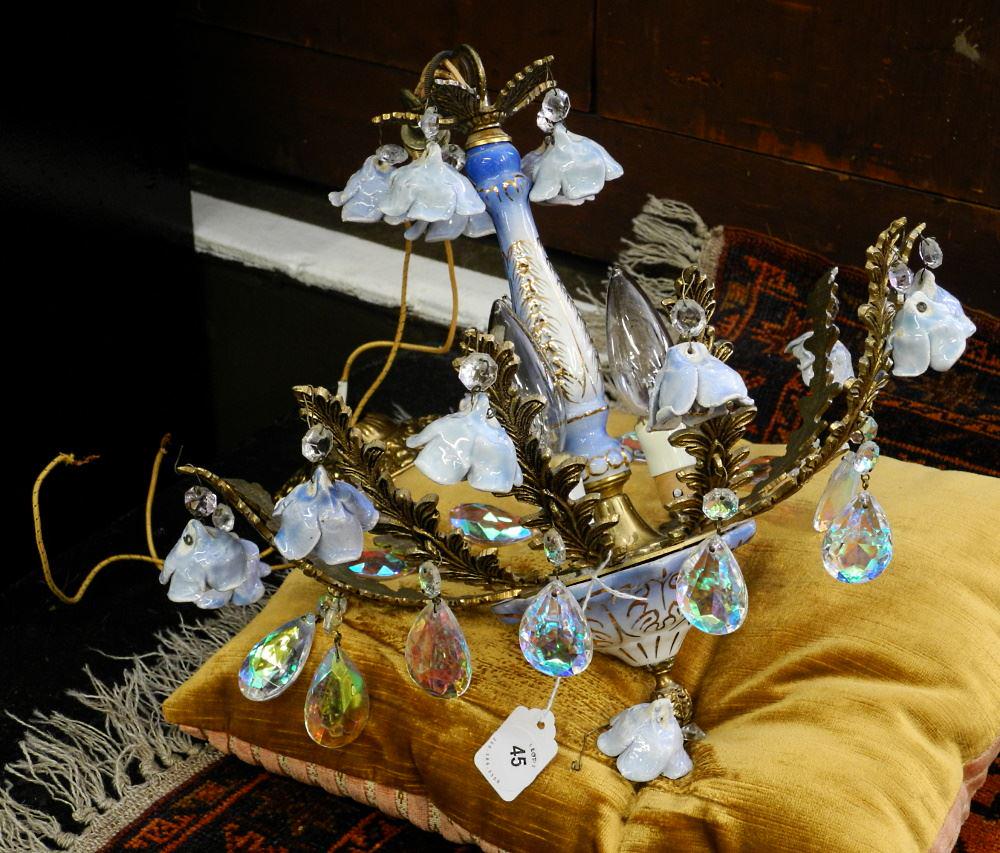 Louis XV Cast Brass Ceramic Floral Iridescent Droplet Boudoir Fixture, 14 1/2" Diameter. (1 of 5)