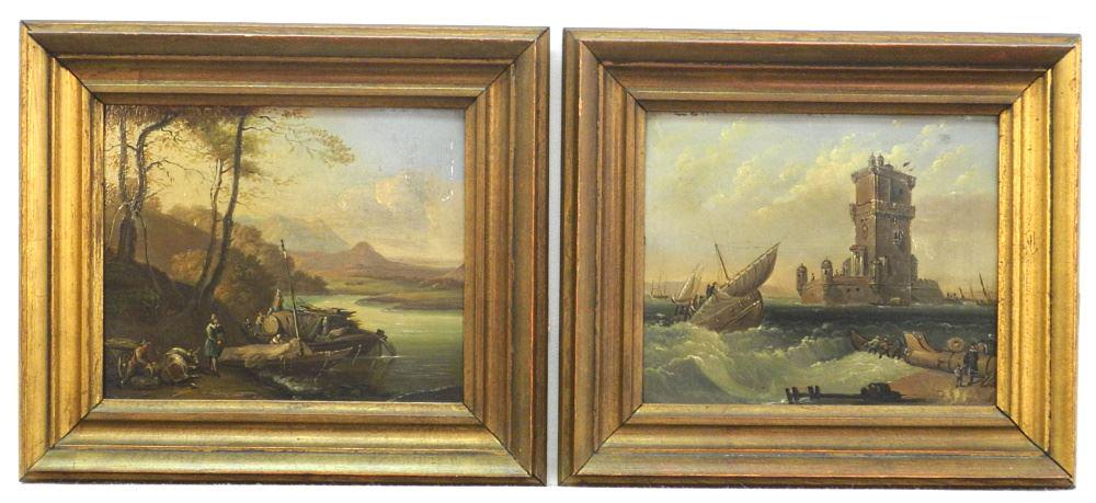 Pair of "Genre-Bild" Oil on Copper Paintings, 6 3/4" x 8", Untitled- Lake & Harbour Scene. (1 of 4)
