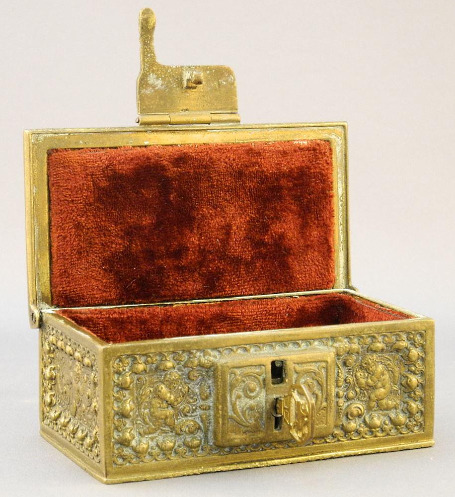 Cast Brass Renaissance Revival Casket with Key, 1 5/8" x 4 1/8" x 2 3/8". (1 of 3)