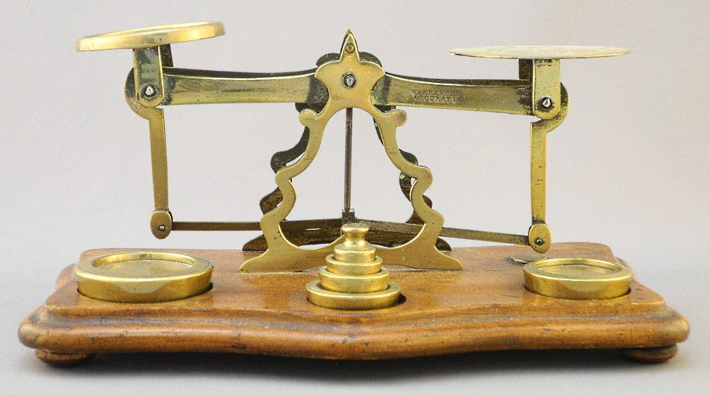 19th Century Brass & Mahogany Postal Scale, 9 3/4" Wide. (1 of 4)