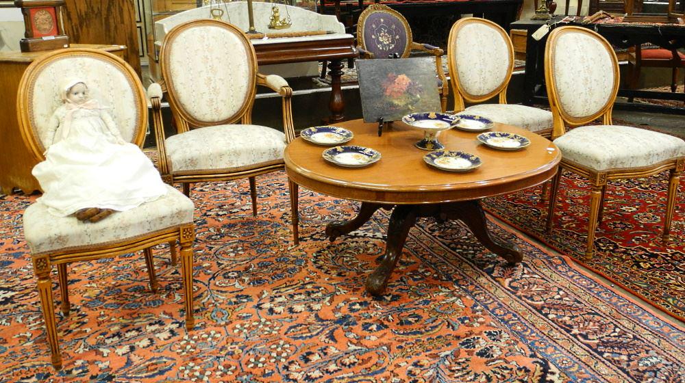 4 Louis XVI Fruitwood Chairs (one with arms).: 4 Louis XVI Fruitwood Chairs (one with arms).