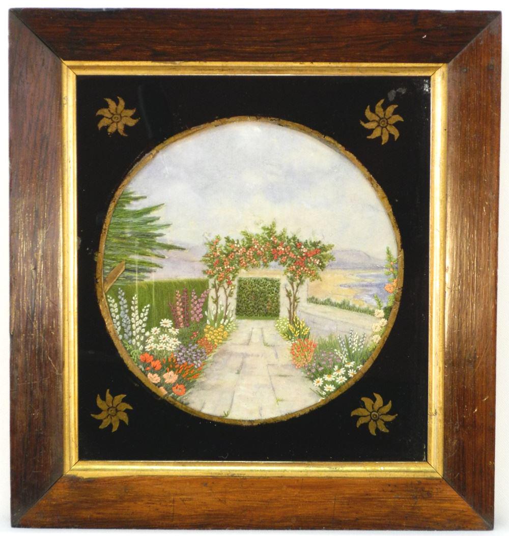 Georgian Silk & Hand Painted Embroidery with Original Frame, dia. 7 1/2".: Georgian Silk & Hand Painted Embroidery with Original Frame, dia. 7 1/2".