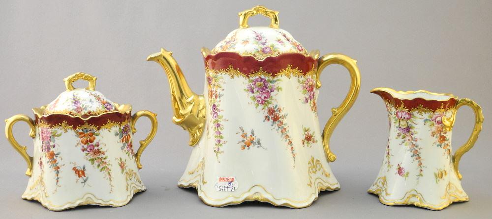 Dresden China Teapot/ Sugar & Cream Painted by N.C. Barr, 7"H, Chipped Plate Noted. (1 of 4)
