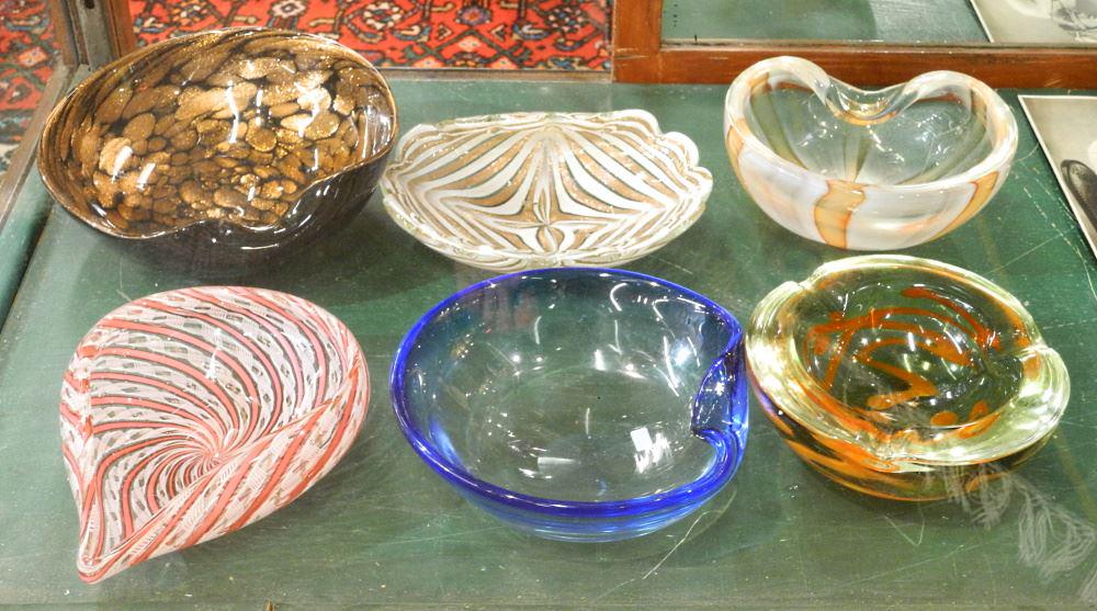 Collection of 6 Art Glass Ashtray, Largest 9" Wide.: Collection of 6 Art Glass Ashtray, Largest 9" Wide.