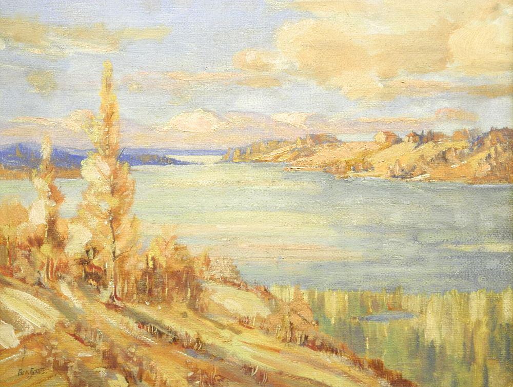 Oil on Masonite Signed (T.) Geo. (George) Gates, 15 1/2" x 19 1/2", "Evening, Black Mud Lake".: Oil on Masonite Signed (T.) Geo. (George) Gates, 15 1/2" x 19 1/2", "Evening, Black Mud Lake".
