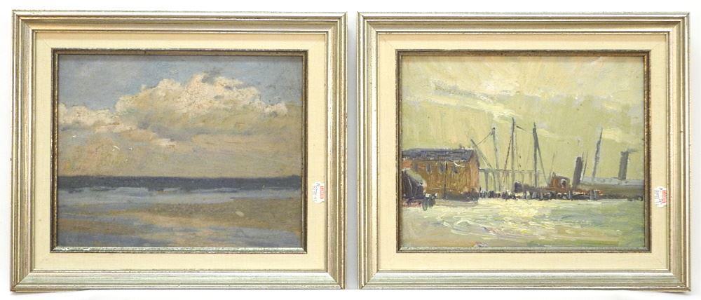 2 Oil on Boards Attributed to Julius Olsson, 7 7/8" x 9 7/8", "Harbour Scene" & "Coastal Scene".: 2 Oil on Boards Attributed to Julius Olsson, 7 7/8" x 9 7/8", "Harbour Scene" & "Coastal Scene".