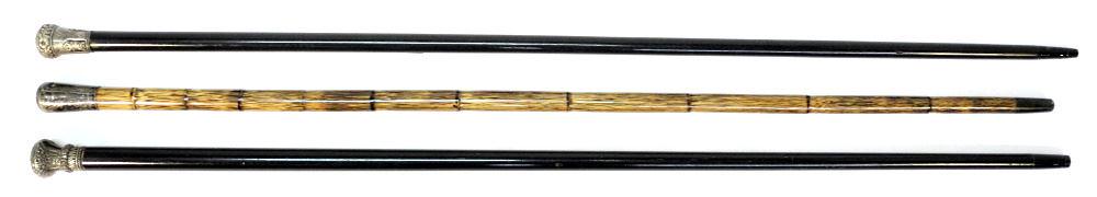 3 Antique Canes with Silver Pommels, Approximately 36" Length. (1 of 3)