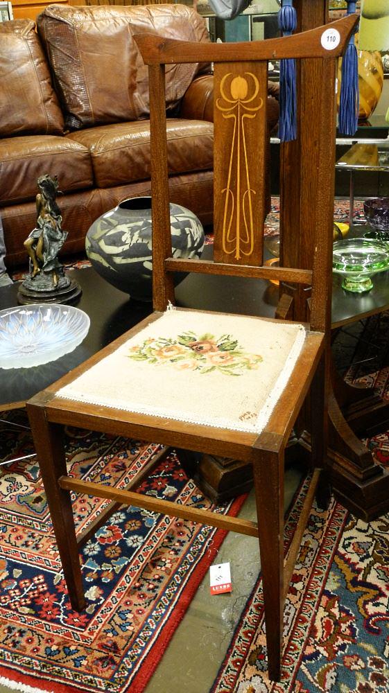 Inlaid Mahogany Art Nouveau Side Chair, Cresting Rail Chipped, 36 1/8" High. (1 of 3)