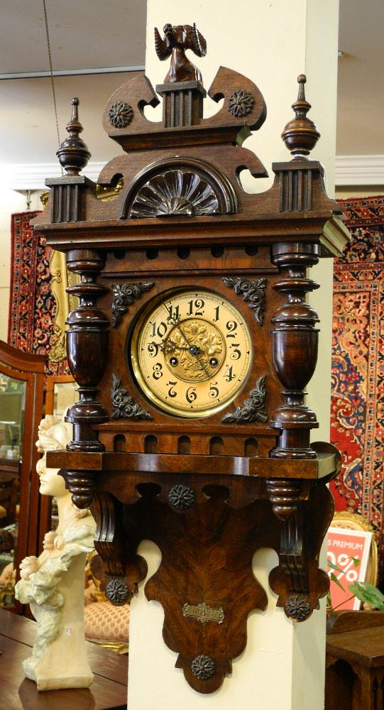 Carved Mahogany Wall Clock with Art Nouveau Dial, 36" High.: Carved Mahogany Wall Clock with Art Nouveau Dial, 36" High.