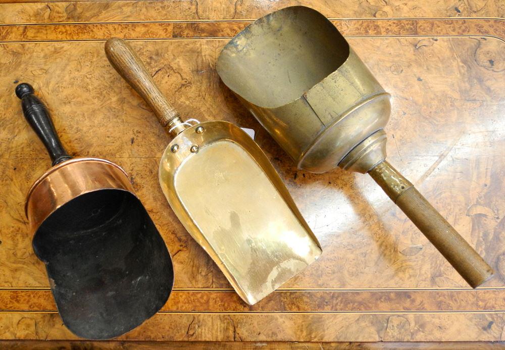 3 Antique Copper & Brass Coal Caddy Large Scoops. (1 of 3)
