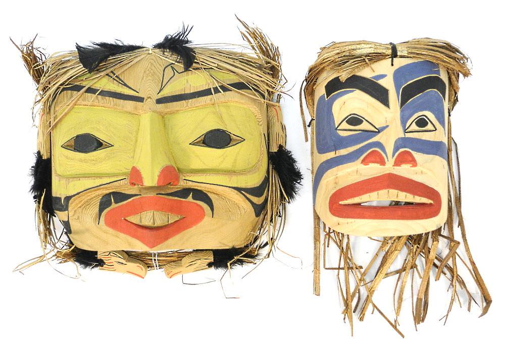 2 Northwest Coast Masks, "Shamans Helper" & "Intruder", signed Betty Joe, 12" & 9 1/2". (1 of 2)