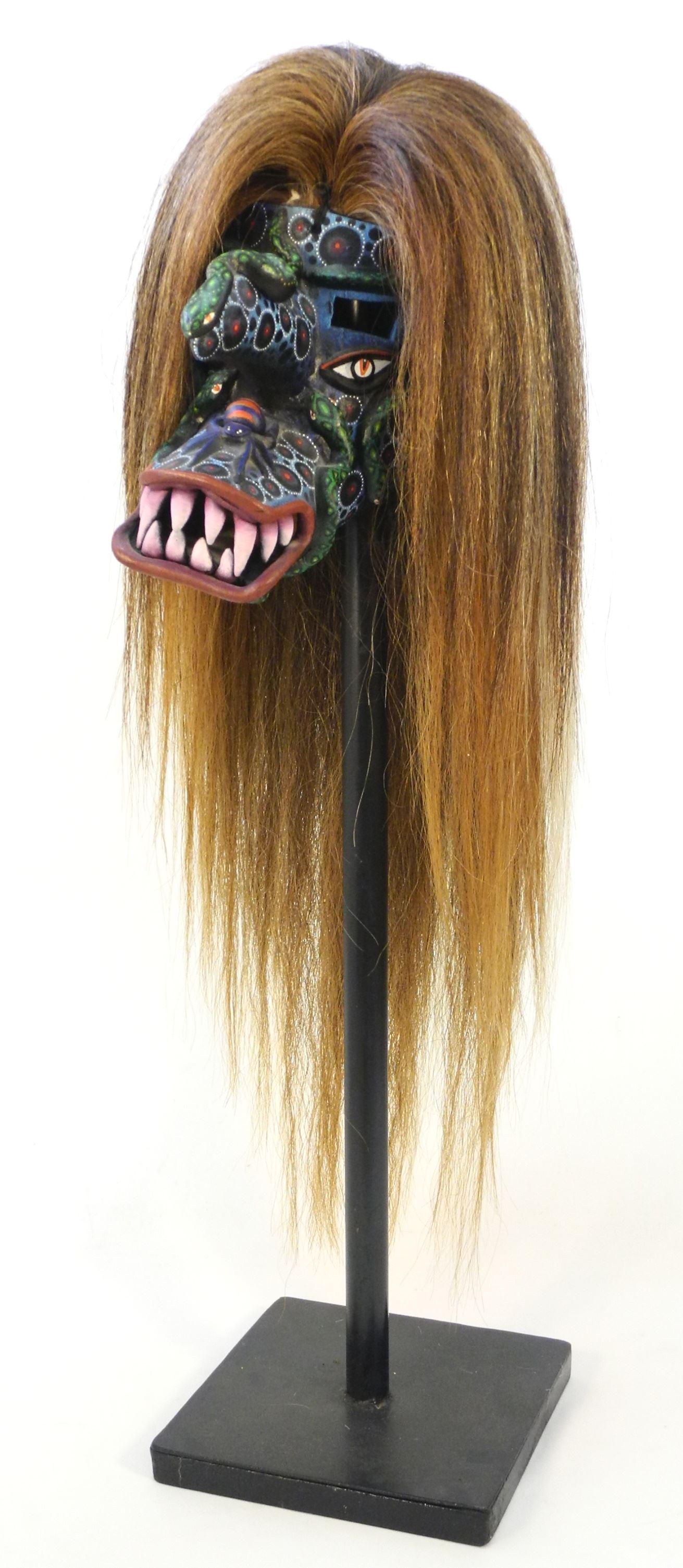 South American Carved & Painted Mask (8" x 16" x 9") on Stand, 36" High. (1 of 2)