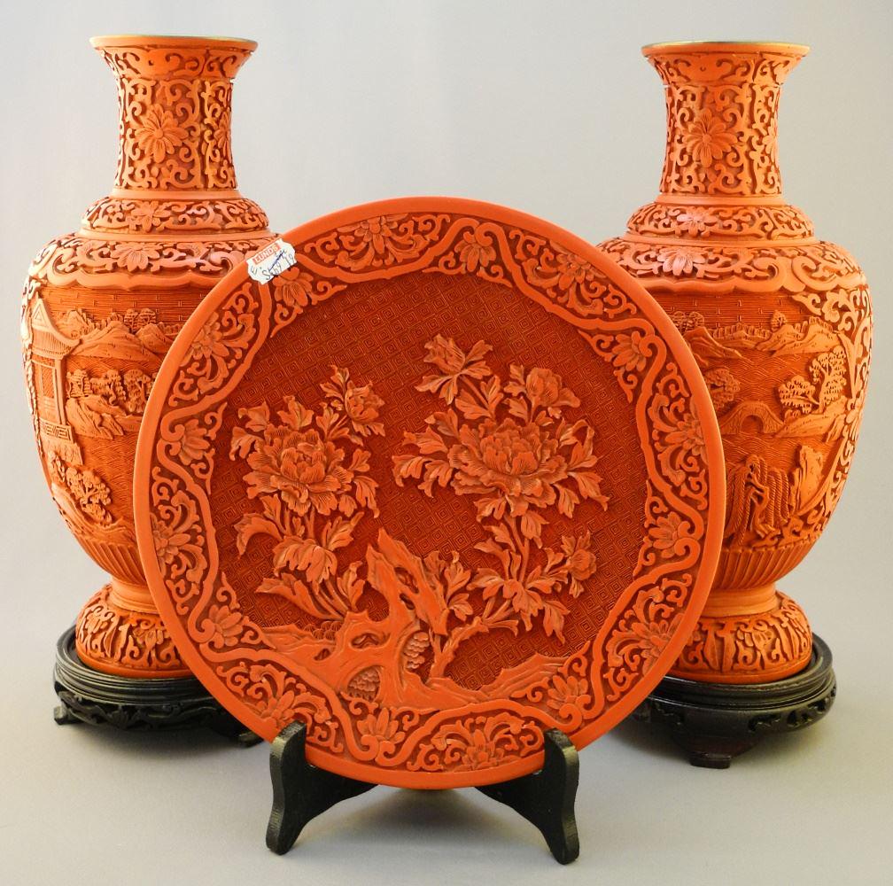 3 Pieces of Cinnabar Lacquer: Pair of Vases with Stands & a Dish, Vases 12 1/8" high. (1 of 5)