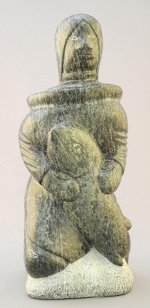 Inuit Stone Figure with Large Fish, Carving Number Label 1061 & Eskimo Art Label, 10 5/8" High. (1 of 4)