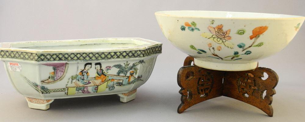 2 Pieces of Chinese Porcelain: Bulb Trough (8 7/8"L) & Bowl with Stand, 8 1/4" Diameter. (1 of 6)