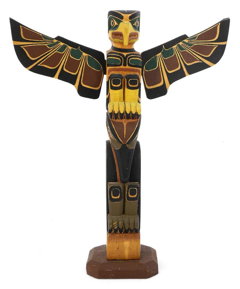 Kwagiulth Model Totem Pole signed Ernie Henderson Campbell River, 19 1/4"H, wing tip noted. (1 of 4)