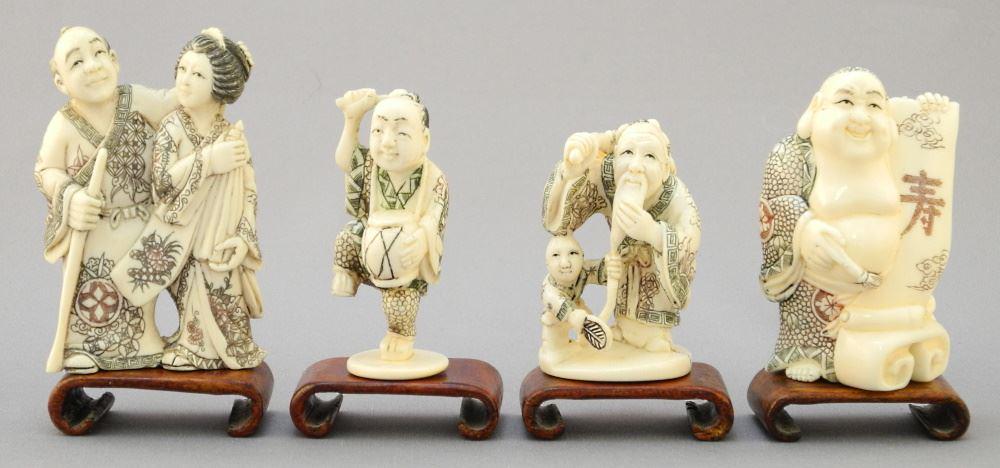 4 Various Japanese Netsukes, 1 7/8" - 2 5/8" High, No Export, with Stands. (1 of 4)