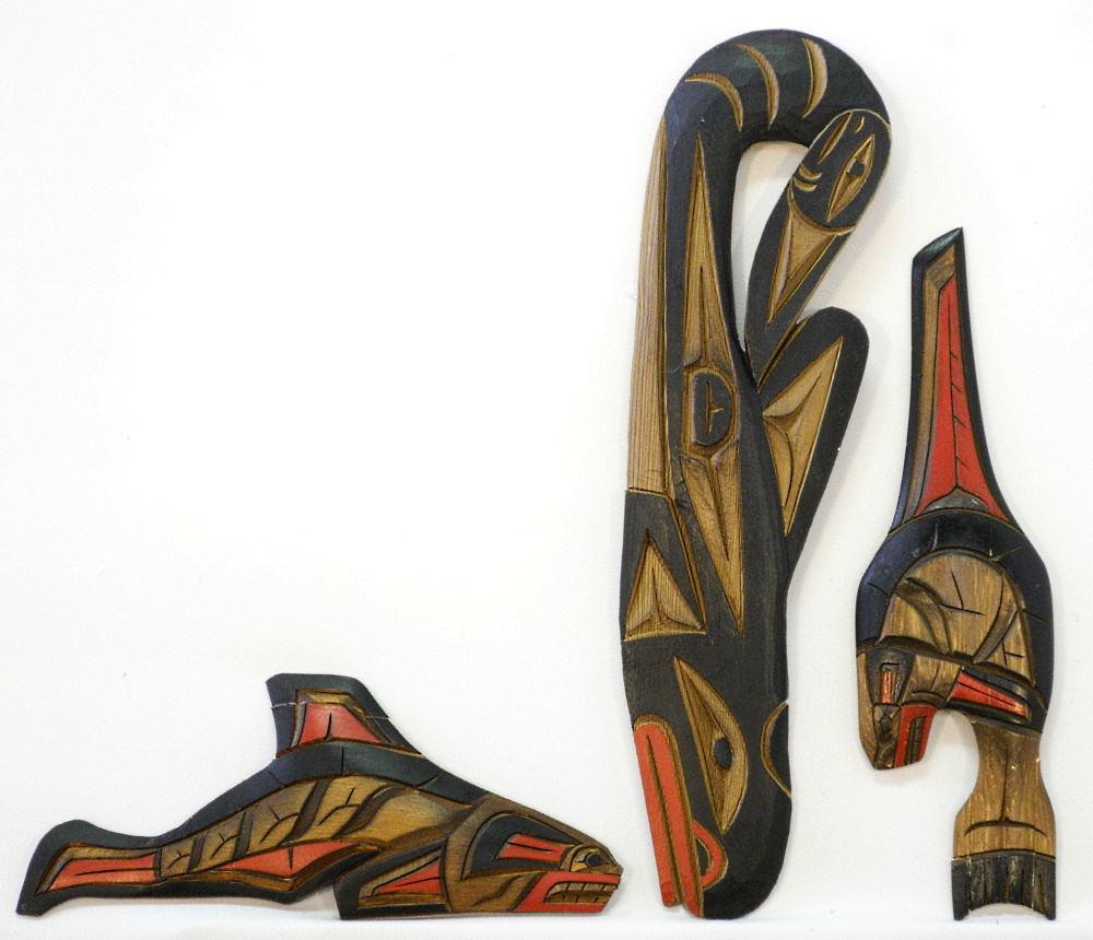 3 Northwest Coast Carvings, Fish & Whales, largest 17 1/2", Repairs Noted/ As Found. (1 of 2)