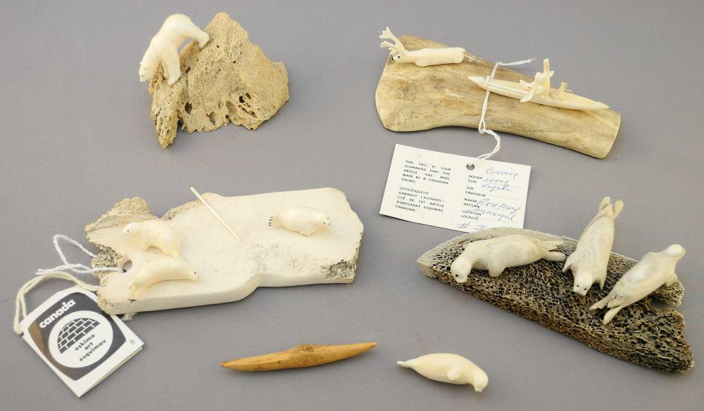4 Inuit Dioramas: Whale Bone/ Marine Ivory/ Antler, 2 Attributed to Salumar Rose May, No Expor: 4 Inuit Dioramas: Whale Bone/ Marine Ivory/ Antler, 2 Attributed to Salumar Rose May, No Expor