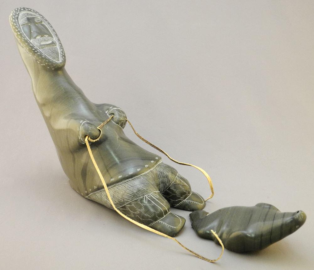 Inuit Stone Harvesting Seal Carving Number Label 471 & Eskimo Art Label, 9" High. (1 of 4)