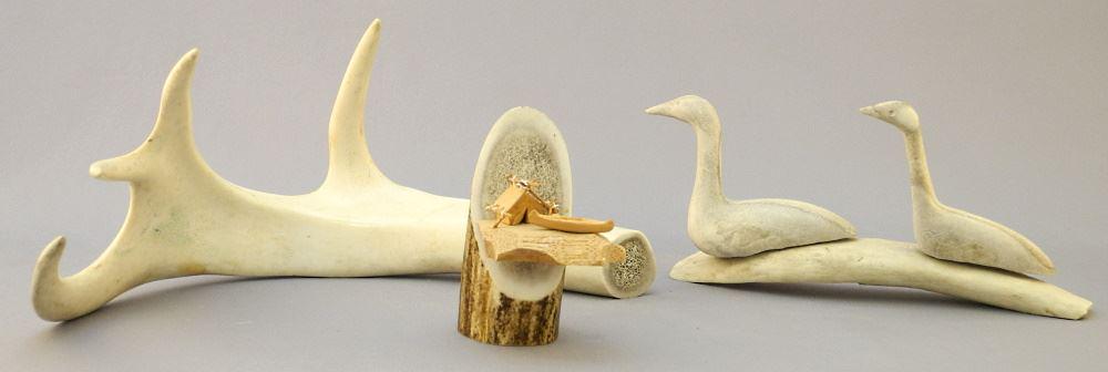 3 Inuit Antler Carving: Engraved Section/ 2 Geese/ Cabin (1 of 3)