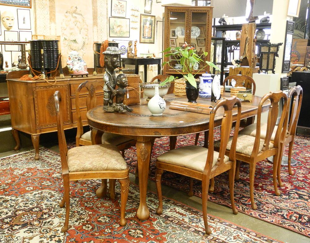 Indian Chip Carved Teak Dining Room Suite: Table & Leaf, 8 Chairs, Side- Board, Corner Cupboard (1 of 12)