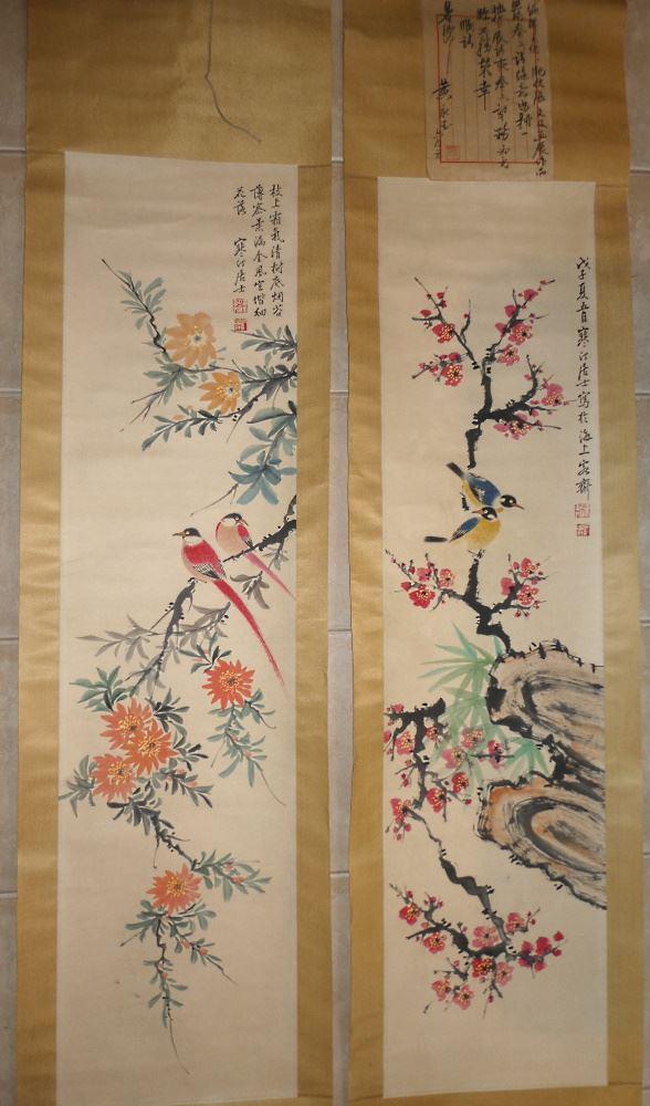 Pair of Watercolour & Ink Scrolls of Bird Gardens, After Chiang Han-t'ing , 73 1/2" x 6 1/2", 20th C: Pair of Watercolour & Ink Scrolls of Bird Gardens, After Chiang Han-t'ing , 73 1/2" x 6 1/2", 20th C