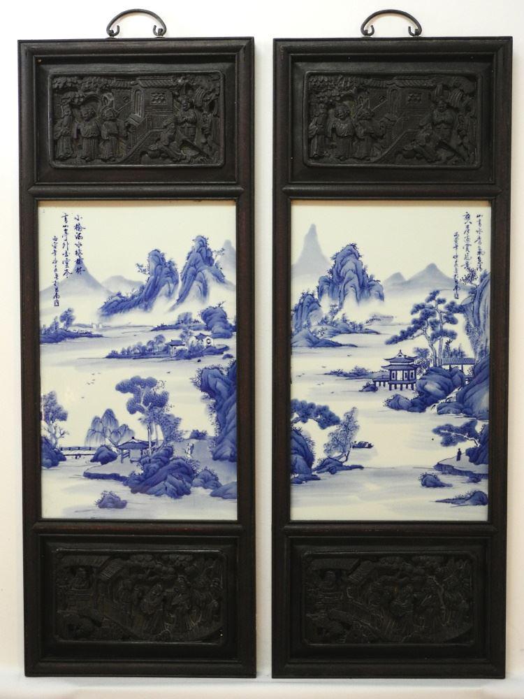 2 Chinese Blue & White Framed Porcelain Plaques, 33" x 12 1/4". (1 of 3)