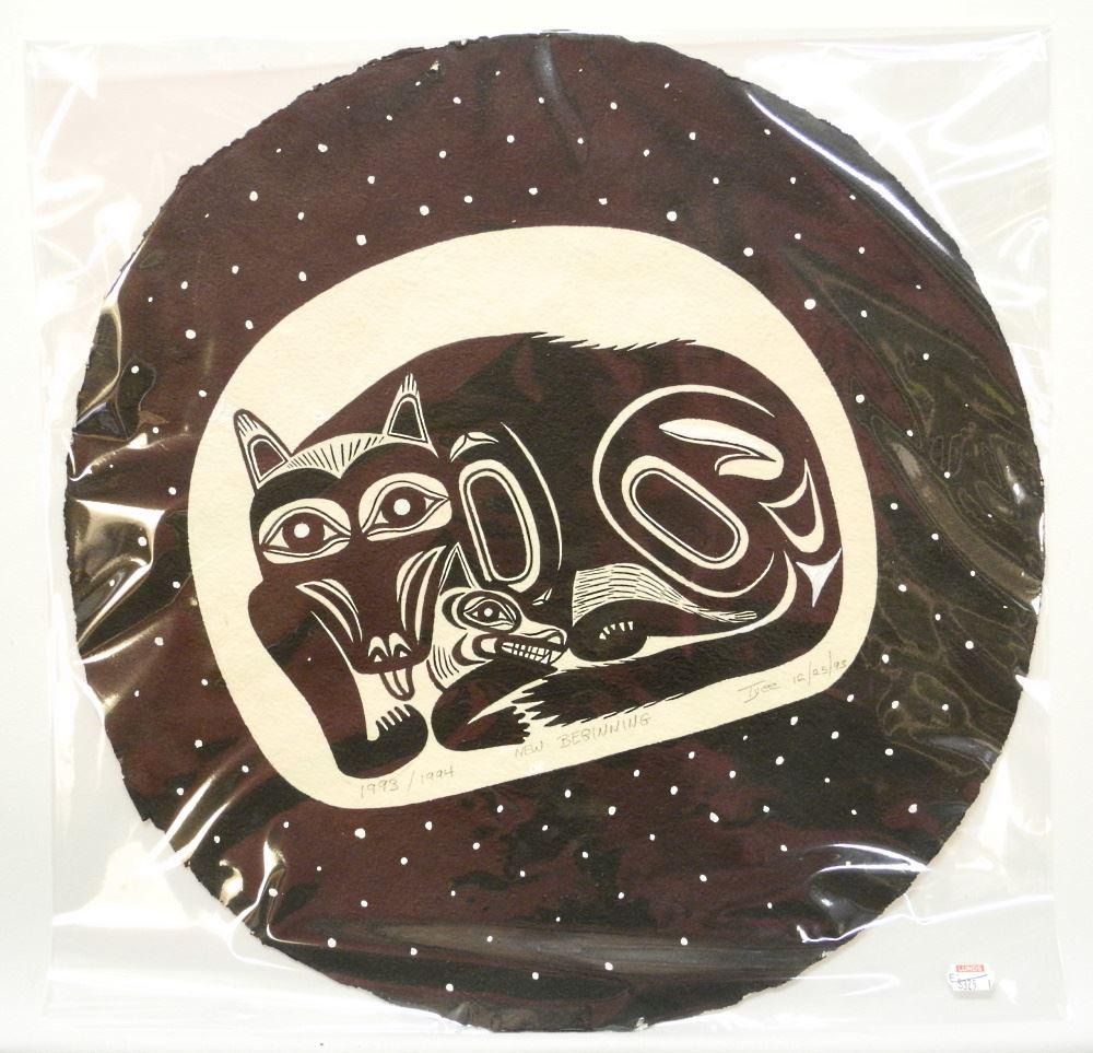 Acrylic on Paper Signed Tyee (Floyd Joseph) 1993/1994, 18" Diameter, "New Beginning". (1 of 2)