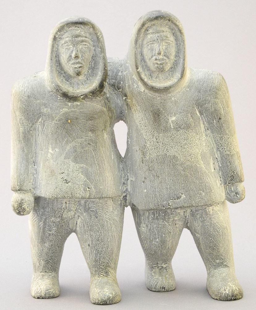 Inuit Stone Double Figure Carving Signed Alain & with Syllabics, 7 1/4" High. (1 of 3)