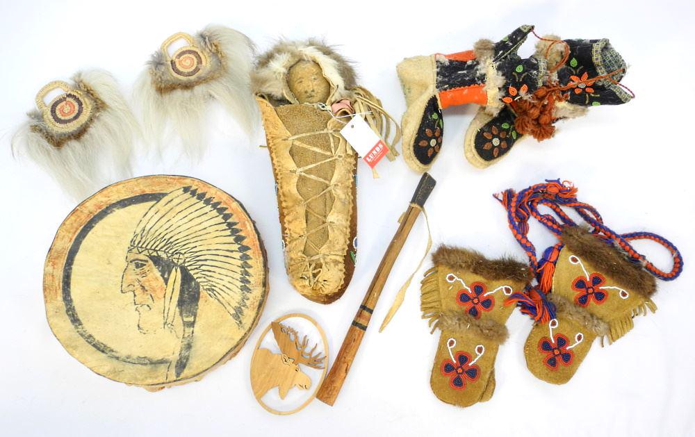 Collection of Banff Area First Nations Beaded Items: Doll Carrier/ Mitts/ Boots/ Drum. (1 of 3)