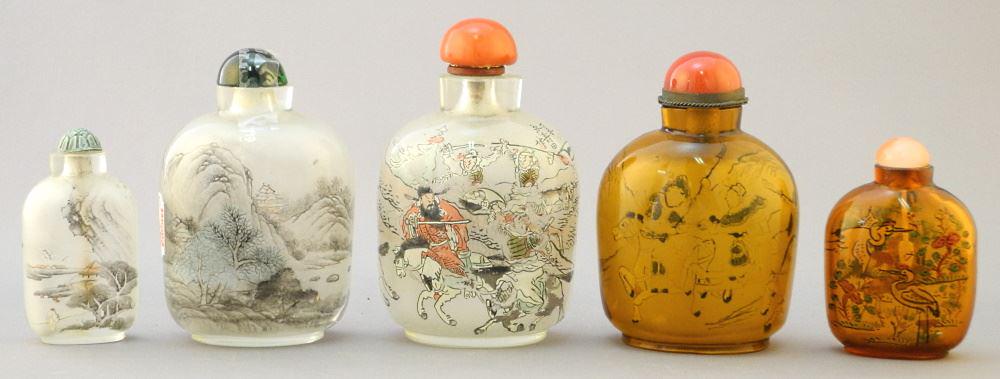 Collection of 5 Chinese Reverse Painted Snuff Bottles, 2 3/4" - 4 1/8" High. (1 of 2)