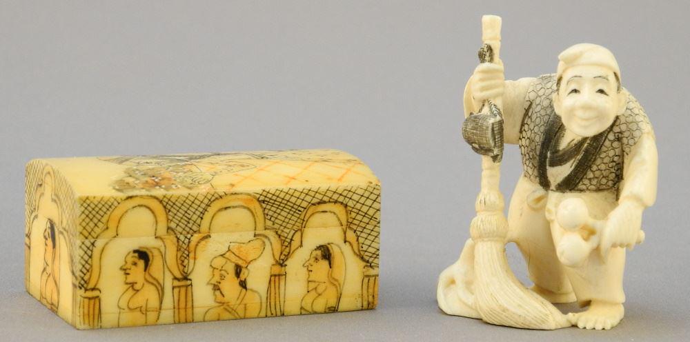 Japanese Ivory Figural (2"H) Netsuke & a Persian Bone Box, 2" Wide.: Japanese Ivory Figural (2"H) Netsuke & a Persian Bone Box, 2" Wide.