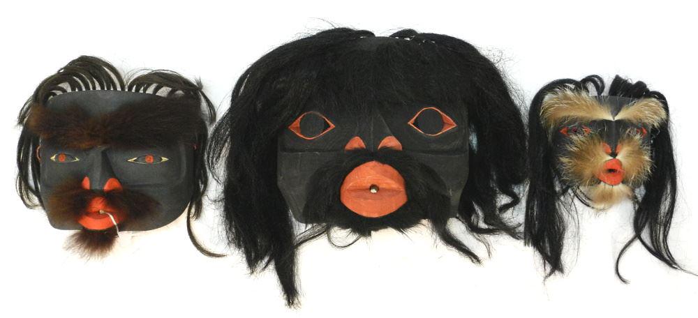 3 Northwest Coast Masks, "Wild Woman of The Woods" signed Betty Joe, 8 1/4" & 10". (1 of 2)
