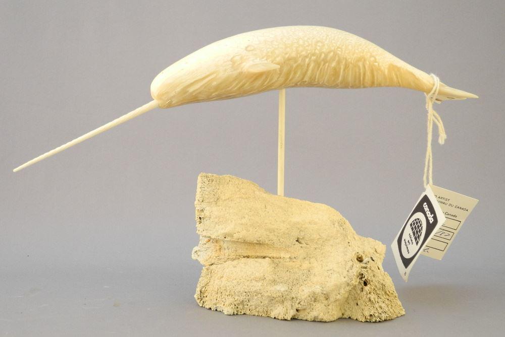 Cambridge Bay Musk Ox Horn Narwhal on Whale Bone Stand, Signed Nick Sikkuark, 6 3/4" x 11 1/8": Cambridge Bay Musk Ox Horn Narwhal on Whale Bone Stand, Signed Nick Sikkuark, 6 3/4" x 11 1/8"