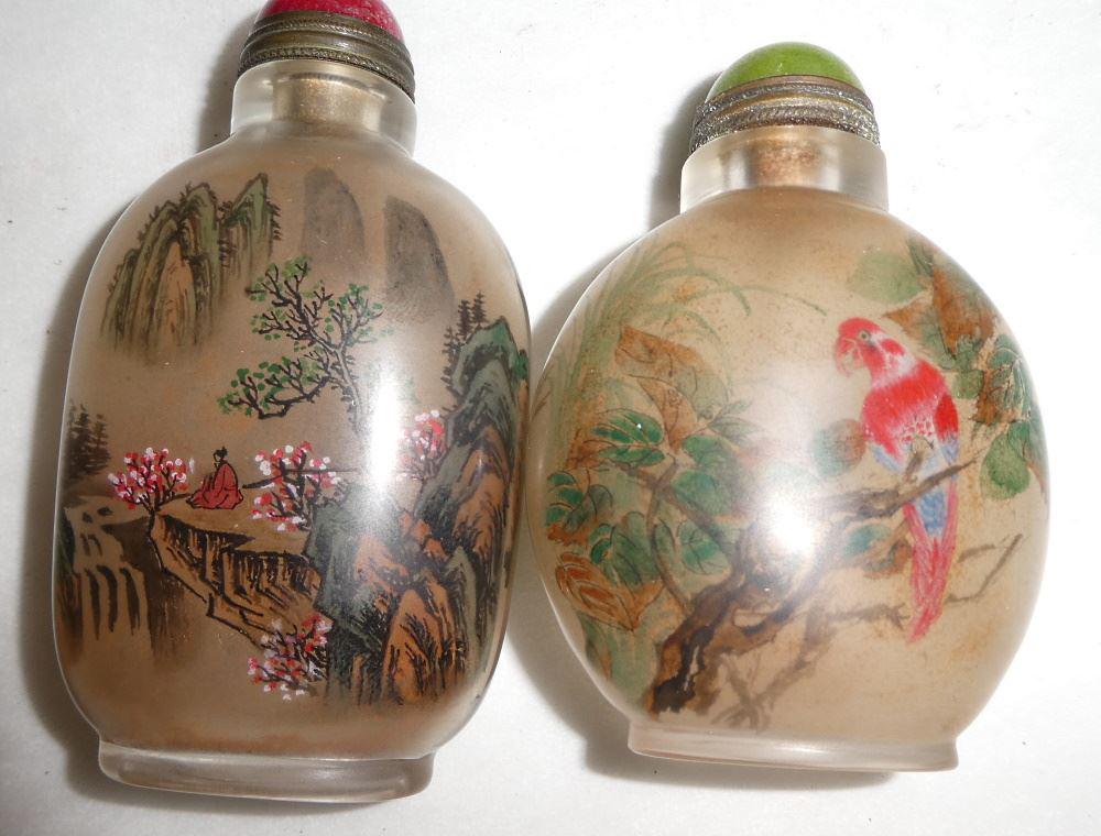 2 Crystal Inner Painted Snuff Bottles, After Le-yuan & Yeh Chung- san, Tallest 3 3/4", 20th (1 of 3)