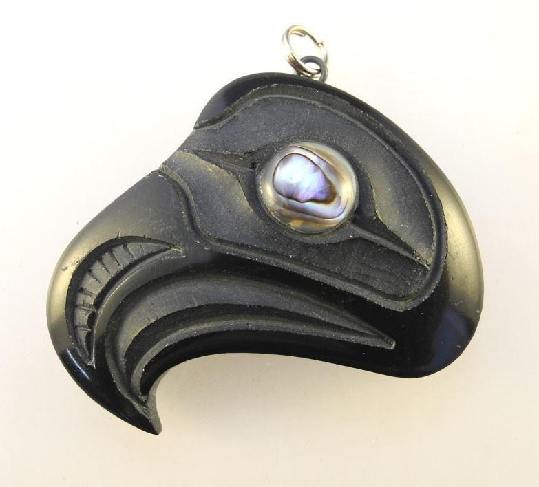 Haida Argillite Pendant Signed Myles Edgars, 1 5/8" Diameter, "Eagle" on Silver Chain. (1 of 2)