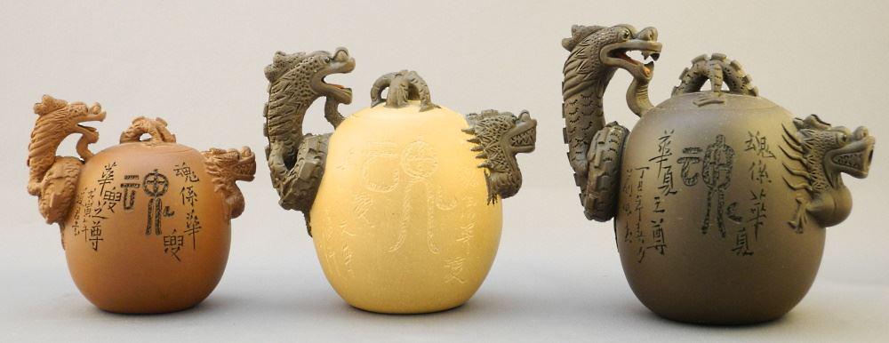 3 Yixing Ware Dragon Handle Teapots, 4 3/8" - 4 3/4" High. (1 of 3)