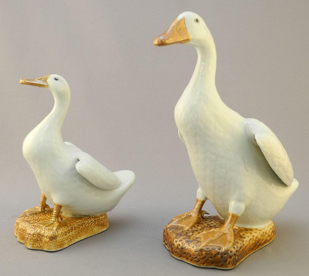 Two Chinese Export-Style Porcelain Geese 9" & 6 1/2" High. (1 of 3)