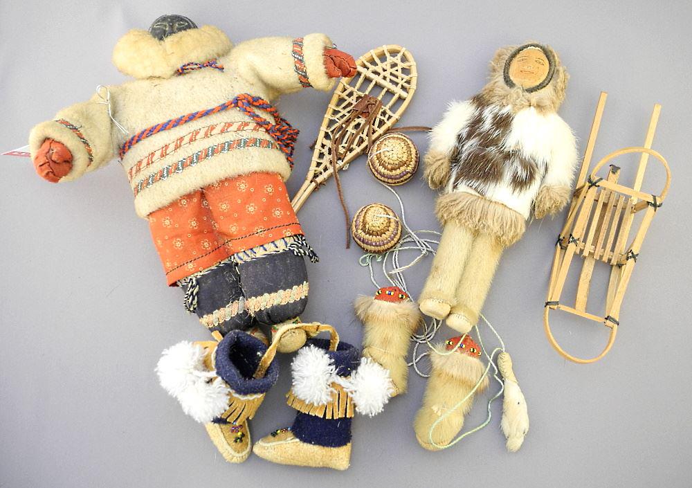 Collection of Inuit Dolls & Miniatures: 2 Figures/ Sled/ Snow Shoes/ Boots. (1 of 3)